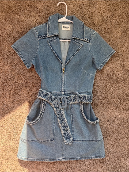 Show Me Your MuMu Dresses & Skirts - Show Me Your MuMu Light Blue Denim Short-Sleeve Zip Dress with Braided Belt